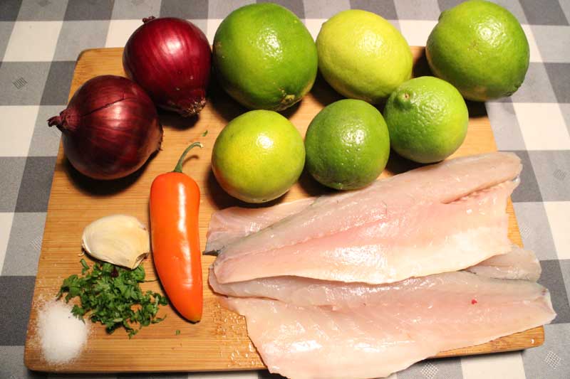 ceviche ingredients limes sea bass aji onion garlic coriander