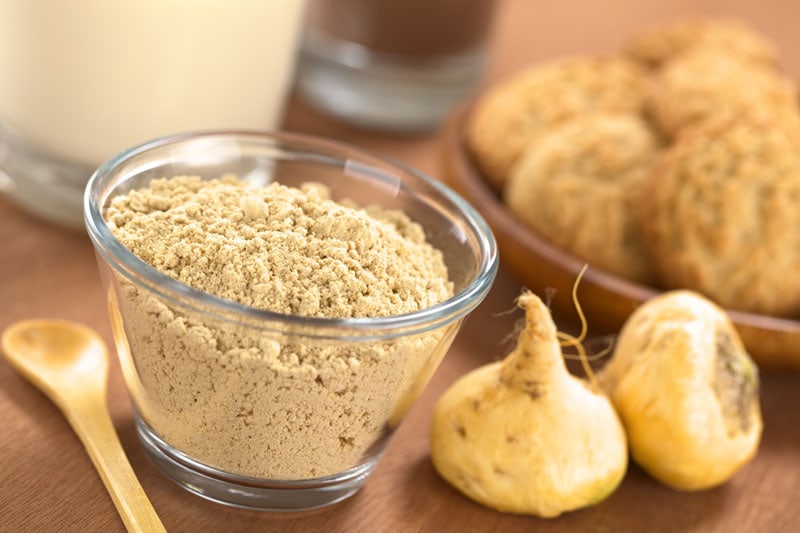 Maca (lepidium meyenii) Powder in Bowl with Maca Root