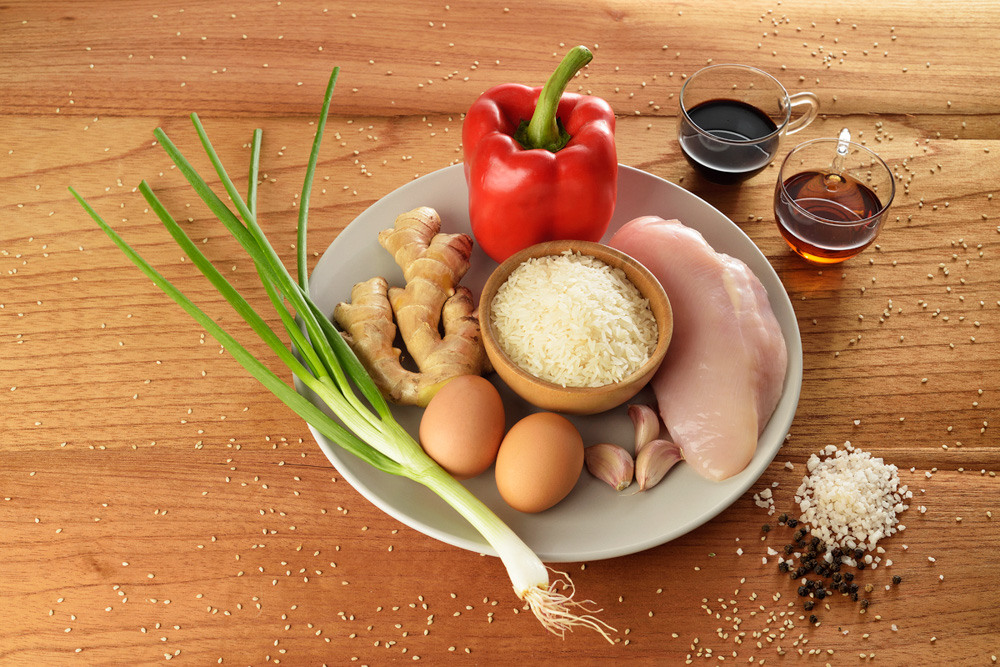 All Ingredients for Chaufa de Pollo Peruvian Fried Rice dish