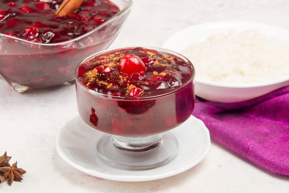 mazamorra morada in glass bowl on table