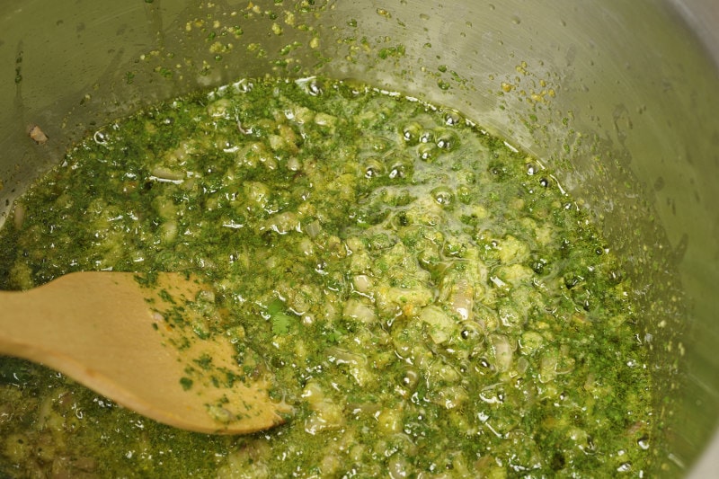 Add cilantro paste to garlic