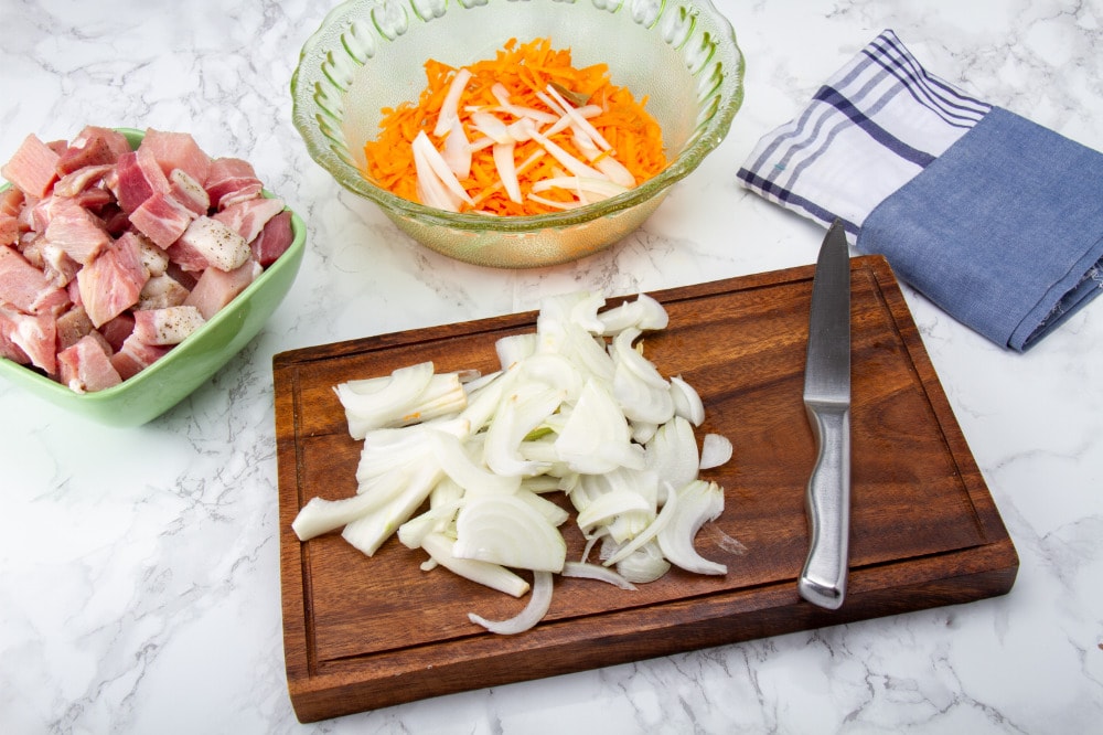 peel and julienne chop onions