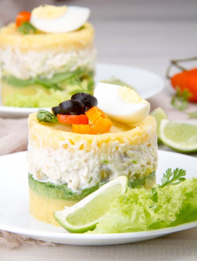 Causa Rellena With Olives Onion Mayo Potato Chicken