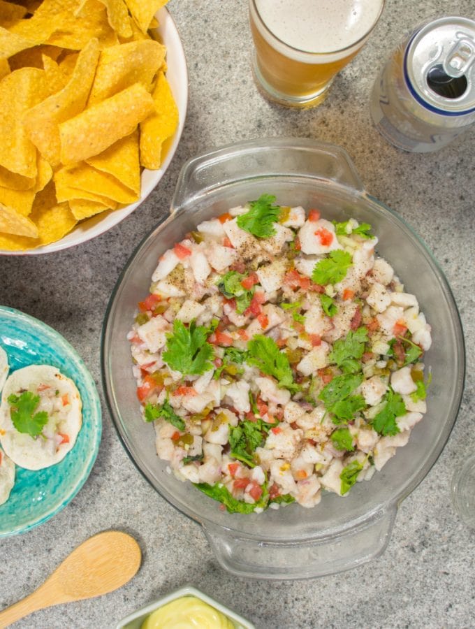 Ceviche With Peruvian Beer Corn Chips And Sauce