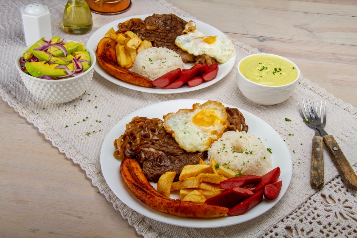 Two Plates Of Peruvian Poor Mans Steak And Egg Dish