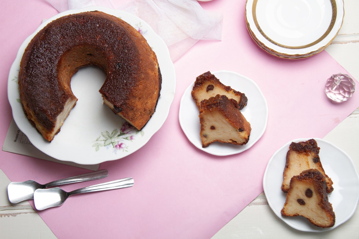 Golden Brown Baked Bread Pudding With Slices On Plates
