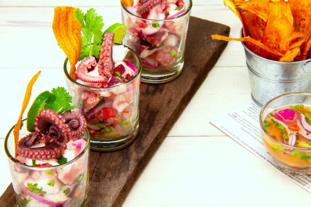 octopus ceviche with fried plantains