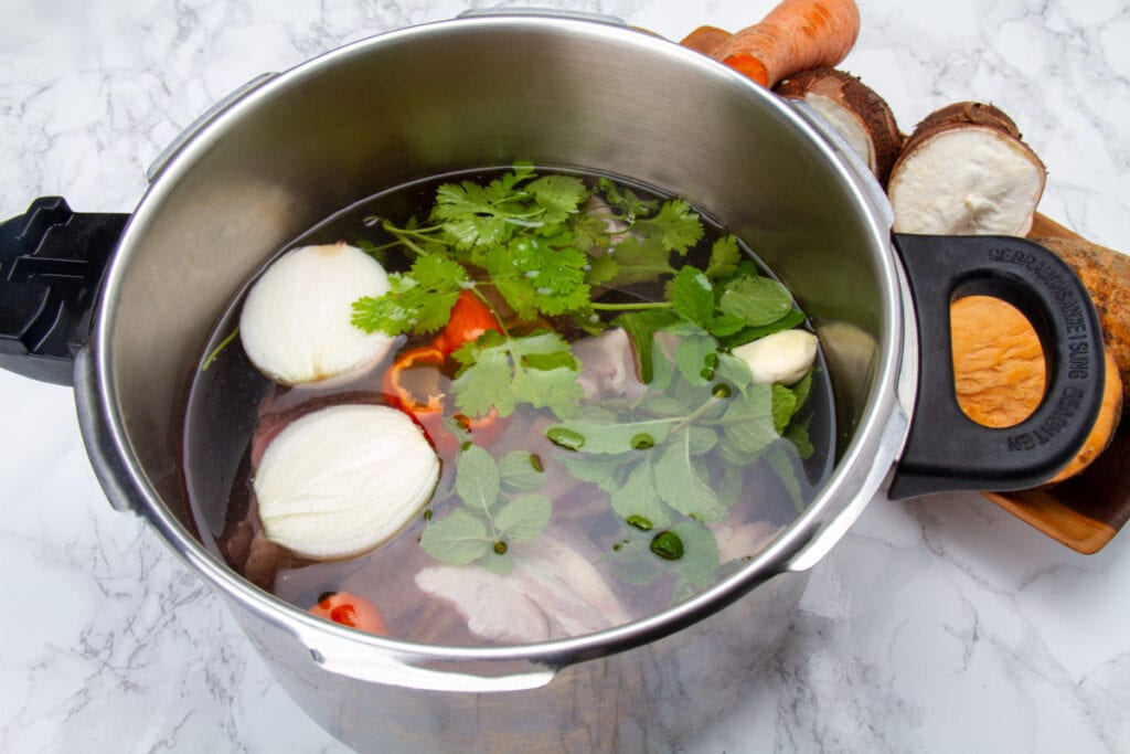 Step 1 Boil Cubed Meat And Veg To Pot