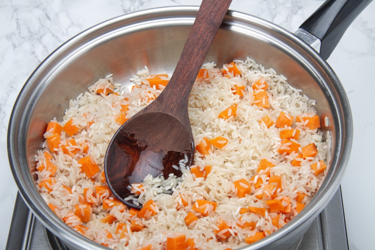 step 1 sautee carrots and rice