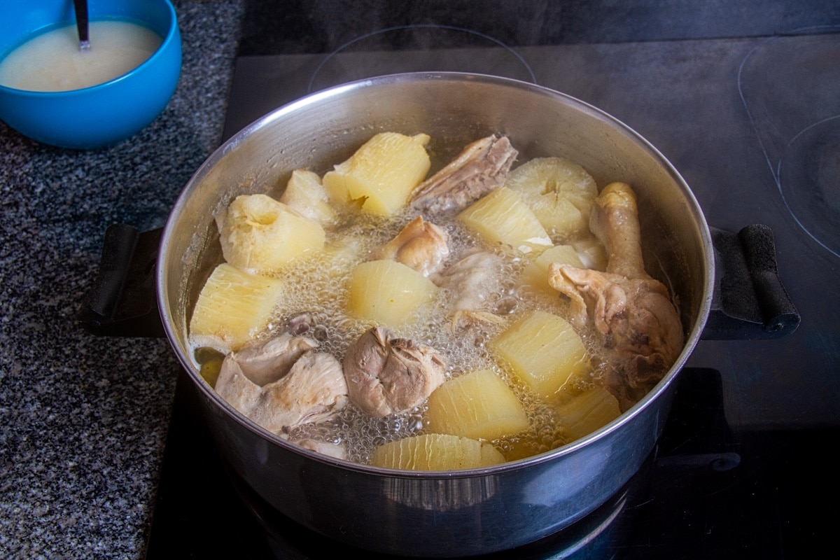 step 2 boil chicken and yuca cassava