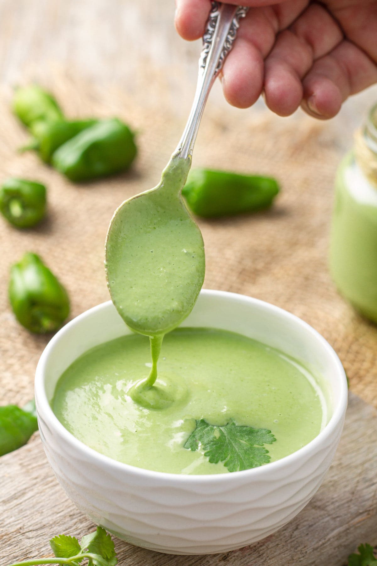 spicy peruvian green sauce with spoon