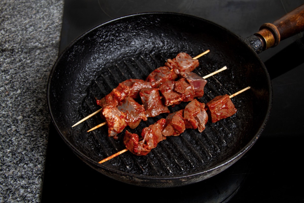 step 6 grill beef heart chunks on medium high heat