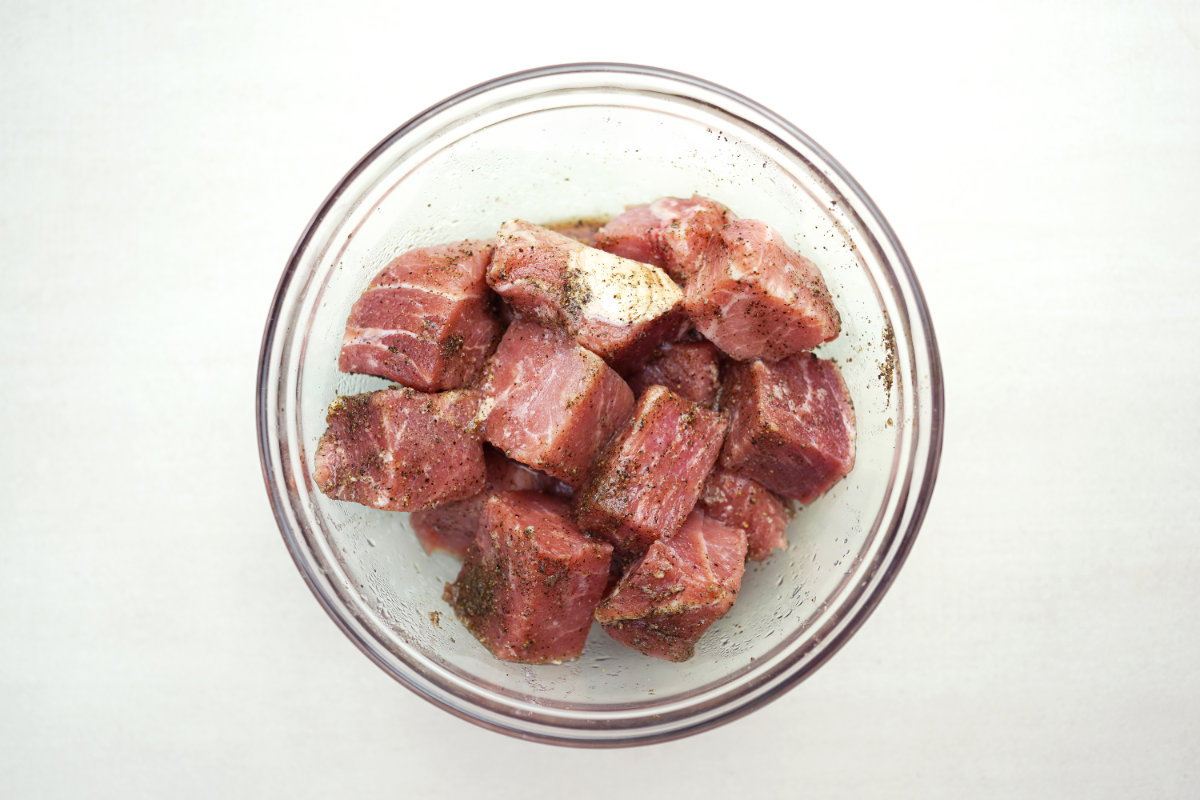 step 1 add pork cubes to bowl