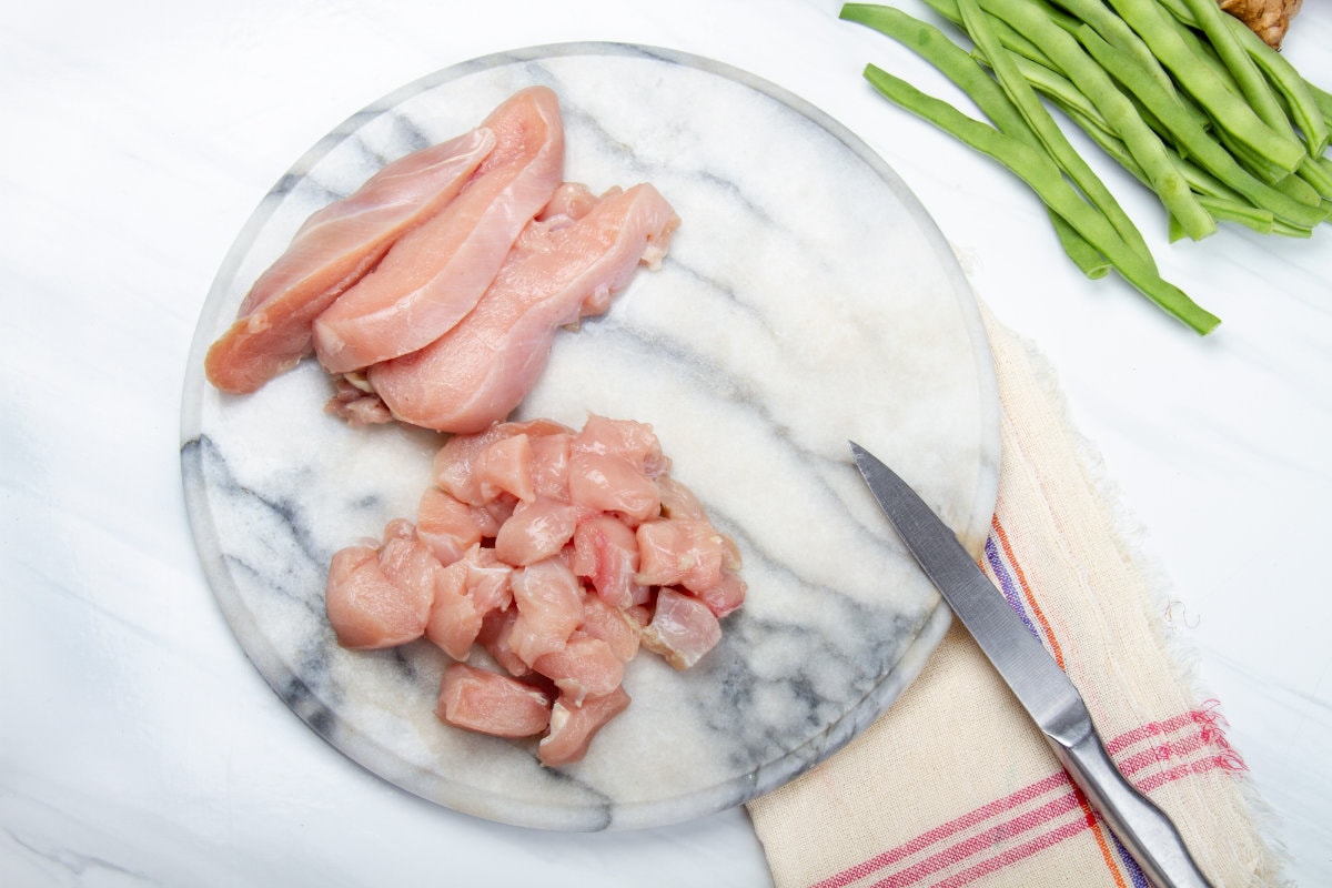 step 1 cut chicken breast into pieces