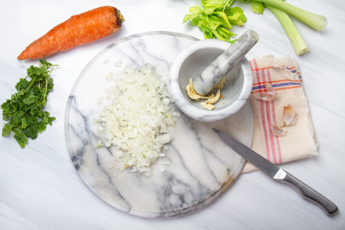 step 2 crush garlic and chop onions