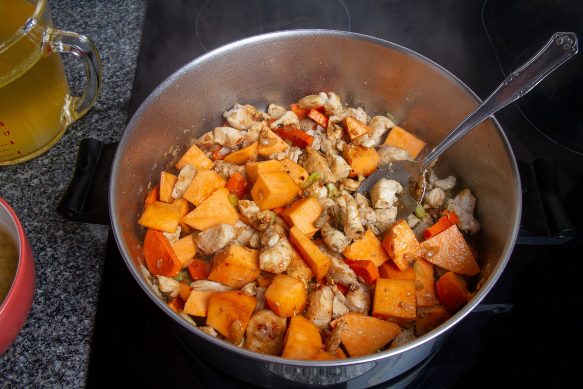 step 7 add chopped stalks of celery and sweet potato