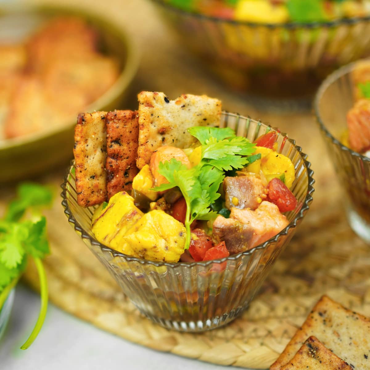 Peruvian salmon ceviche with avocado in cup
