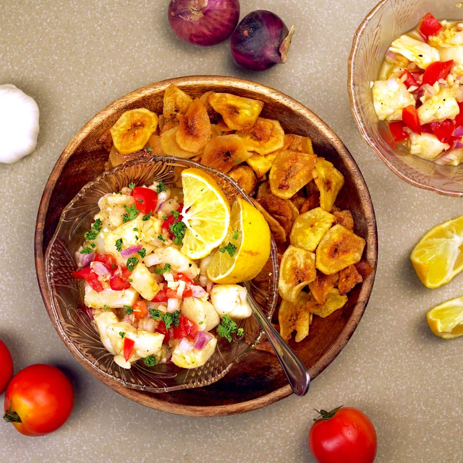 Peruvian scallop ceviche with fried plantains